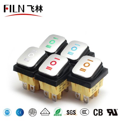 High quality waterproof  ON-OFF-ON  6pins KCD4 22*30MM switch 30A/12V illuminated rocker switch with silver painting surface