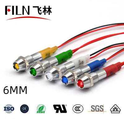 FILN IP67 waterproof 6mm 12v 110v  220v led  metal equipment  led indicator light with wire