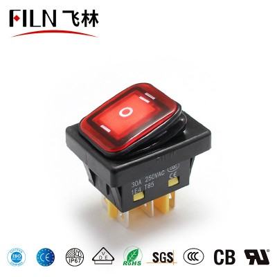 FILN  ON-OFF-ON waterproof 22*30MM 30A/12V heavy duty 6 pins hot sale rocker switch with red yellow blue green white light