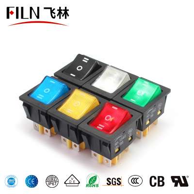 ON-OFF-ON 22*30MM 30A/12V heavy duty 6 pins FILN hot sell rocker switch with red yellow blue green white light