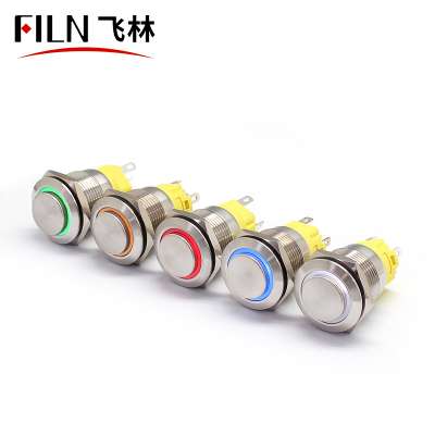 High flat head 19mm 12v 110v 220v  electronic blue metal push button switch with ring led illuminated waterproof 5 pins